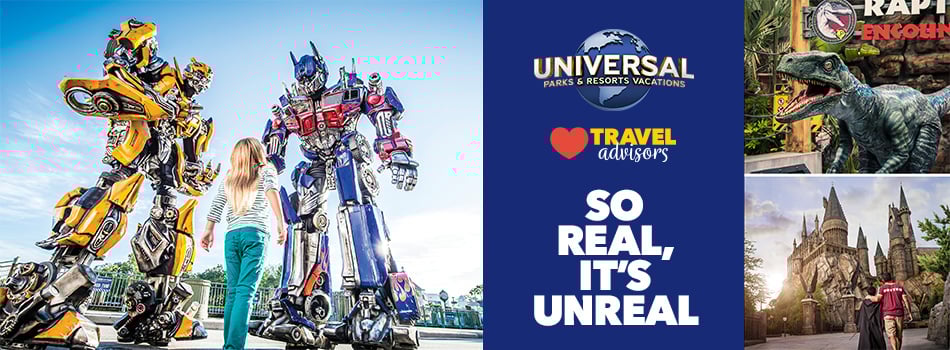 Transformers Optimus Prime and Bumblebee tower over a little girl who is delighted to meet  them in Universal Studios Florida.