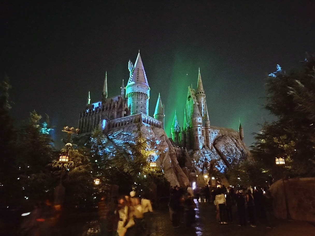 Hogwarts school at night in the Wizarding World of Harry Potter on Halloween Horror Nights at Universal Studios Hollywood