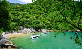 boats in an inlet with a beach and water with lush forest