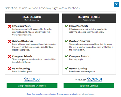 basic economy restrictions acceptance screen