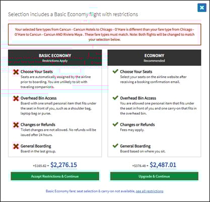 basic economy restrictions acceptance screen with fare details