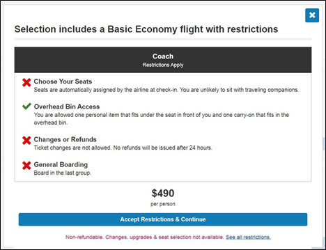 branded fare acceptance screen